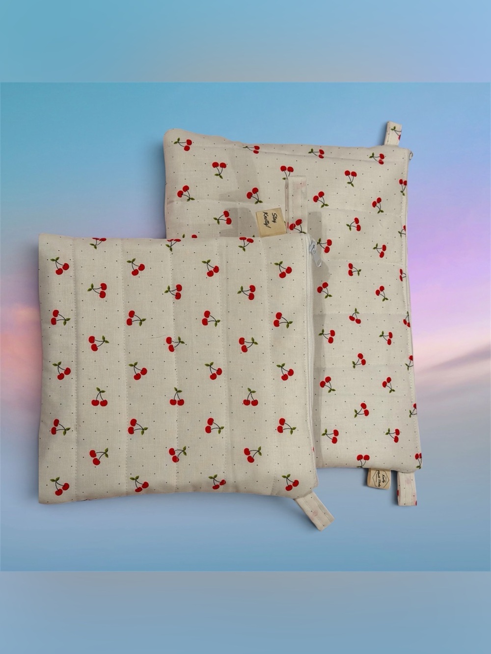 Cherry Print White Background. Zipper Pouch Quilted Lingerie Storage Bag for Tri